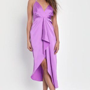 Brand New With Tags Lulu's Caught Feelings Purple Satin Ruffled Midi Dress